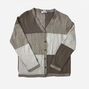 Brown and cream color block cardigan sweater with front pockets